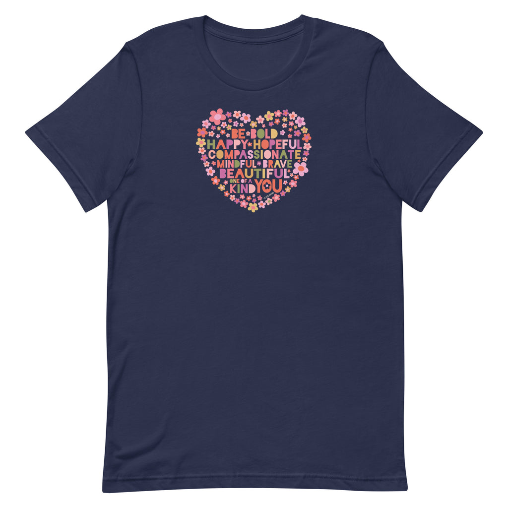 Be You floral heart of inspirational words on a staple t-shirt in navy, front view – Kate Spain design