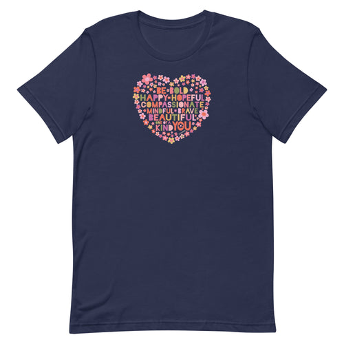 Be You floral heart of inspirational words on a staple t-shirt in navy, front view – Kate Spain design