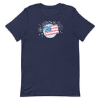 Patchwork Flag quilt-style flag with fireworks on a staple t-shirt in navy, front view – Kate Spain design for Pat Sloan