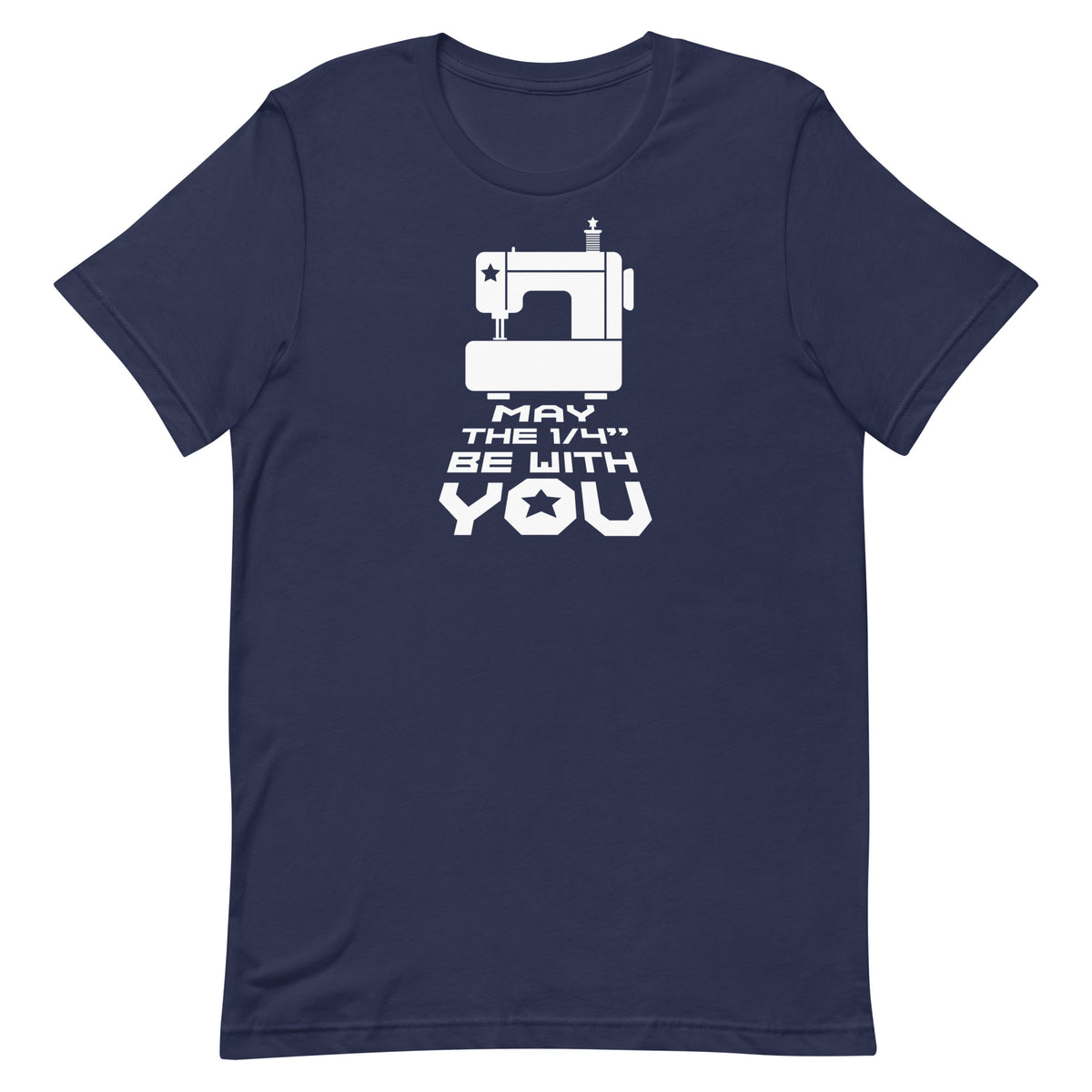 May the ¼" Be With You white sewing machine graphic on a staple t-shirt in navy, front view – Kate Spain design for Pat Sloan