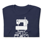 May the ¼" Be With You white sewing machine graphic on a staple t-shirt in navy, folded close-up of the design – Kate Spain design for Pat Sloan