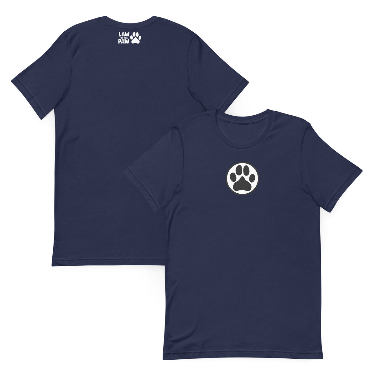 Law of the Paw® dog paw print on a t-shirt in navy, front and back view – Kate Spain design