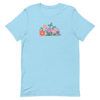 Bloom woodblock-style flowers with a butterfly, ladybug and bee on a t-shirt in ocean blue, front view – Kate Spain design