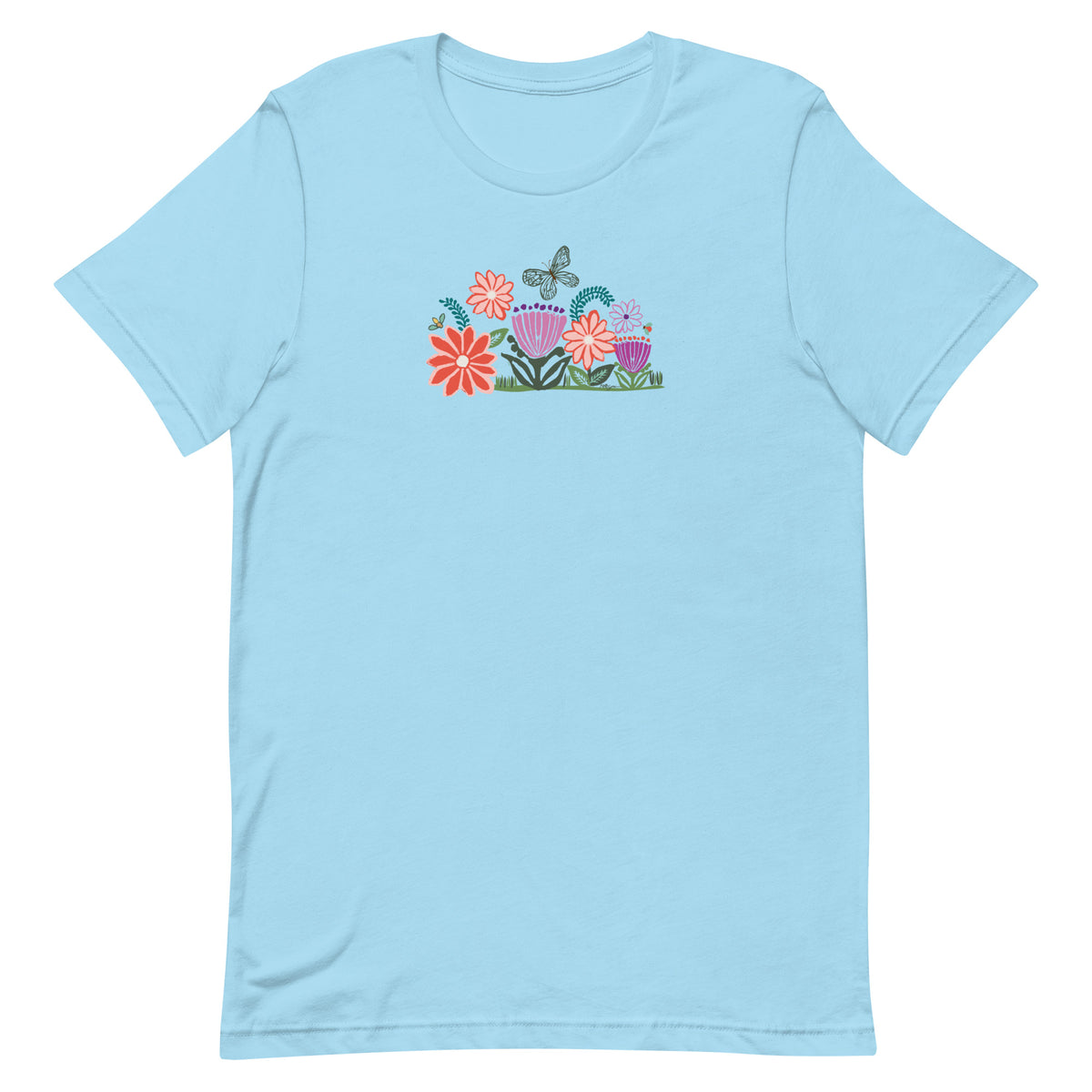 Bloom woodblock-style flowers with a butterfly, ladybug and bee on a t-shirt in ocean blue, front view – Kate Spain design
