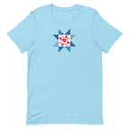 Liberty Love star quilt block with a heart in red, white and blue on a t-shirt in ocean blue, front view – Kate Spain design for Pat Sloan