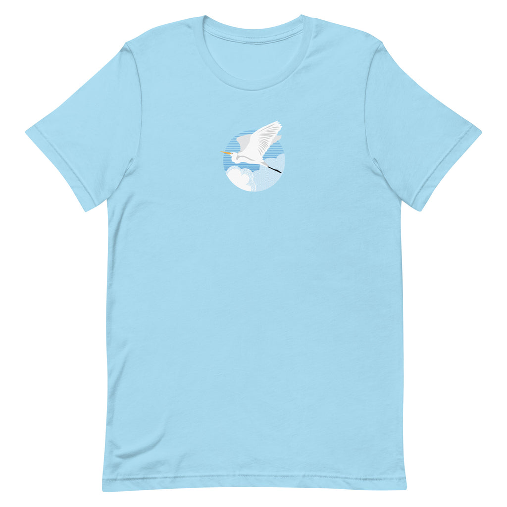 Great egret in flight against a blue circle on a t-shirt in ocean blue, front view – Kate Spain design