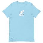 Great egret in flight against a blue circle on a t-shirt in ocean blue, front view – Kate Spain design