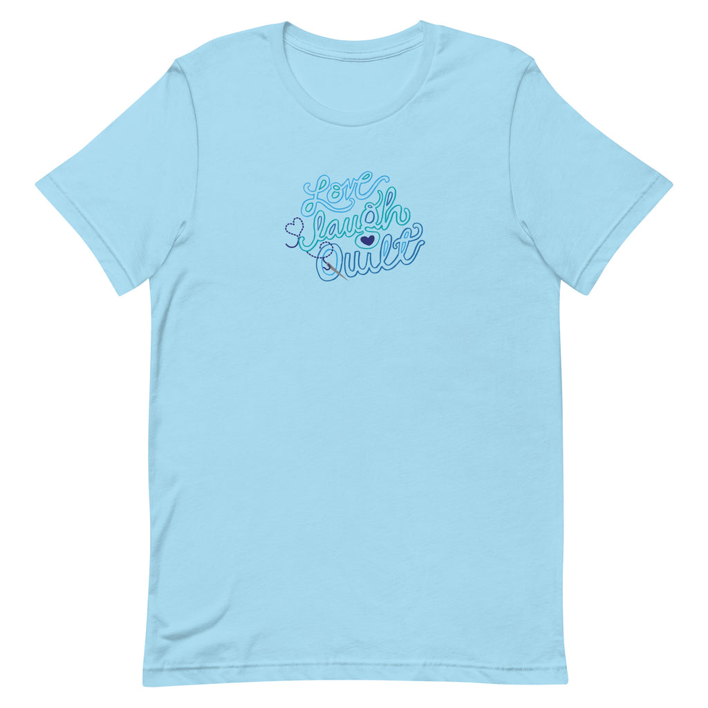 Love Laugh Quilt hand-lettered quilting design on a t-shirt in ocean blue, front view – Kate Spain design
