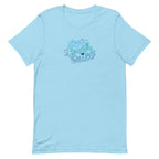 Love Laugh Quilt hand-lettered quilting design on a t-shirt in ocean blue, front view – Kate Spain design