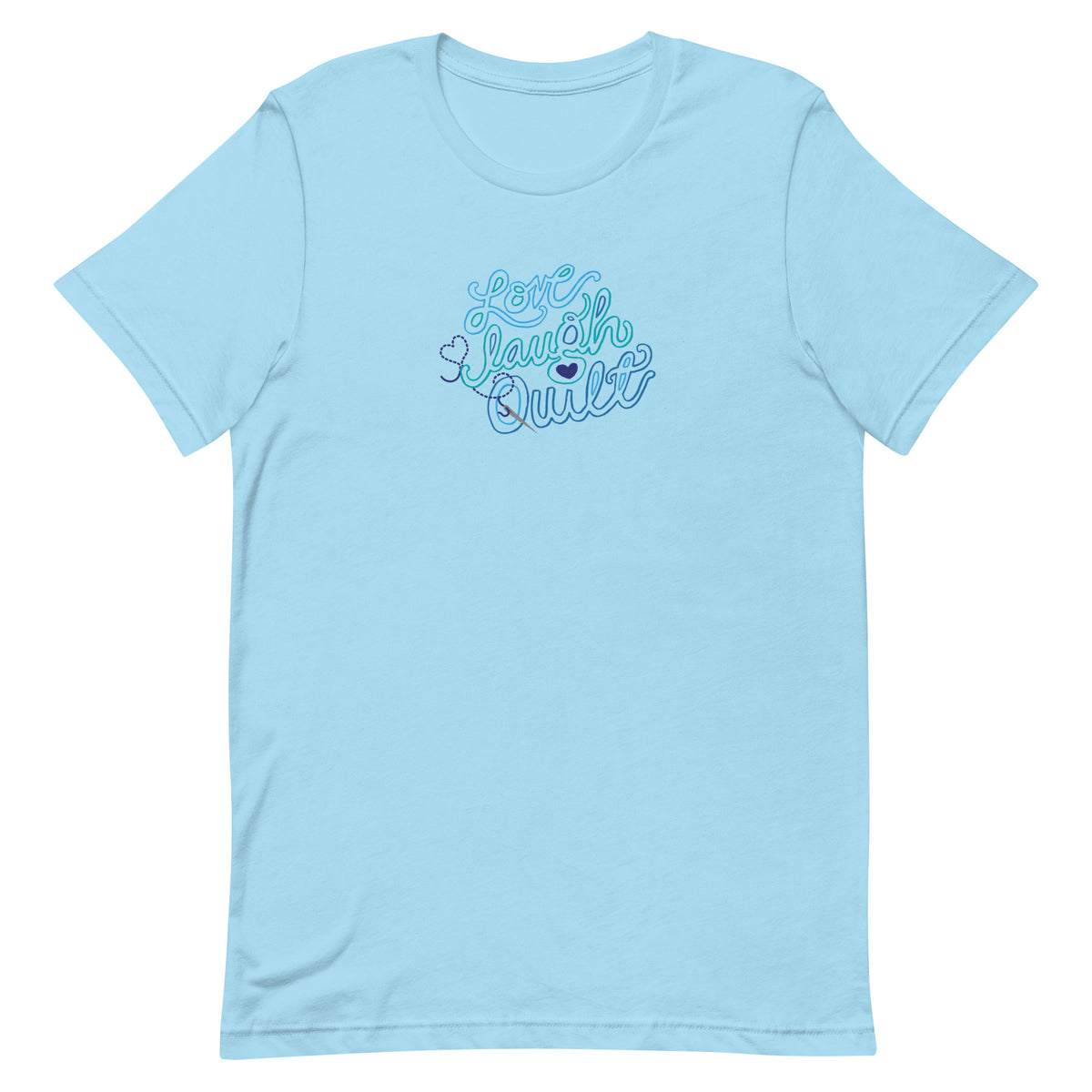 Love Laugh Quilt hand-lettered quilting design on a t-shirt in ocean blue, front view – Kate Spain design