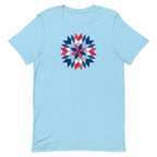 Barn Star quilt block in red, white and blue on a staple t-shirt in ocean blue, front view – Kate Spain design for Pat Sloan