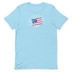 Patchwork Flag quilt-style flag with fireworks on a staple t-shirt in ocean blue, front view – Kate Spain design for Pat Sloan