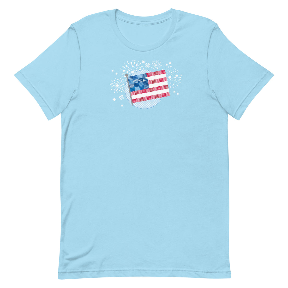 Patchwork Flag quilt-style flag with fireworks on a staple t-shirt in ocean blue, front view – Kate Spain design for Pat Sloan