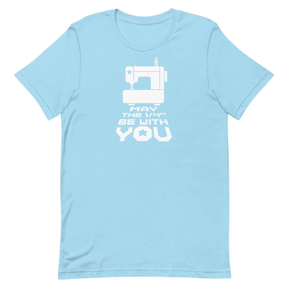 May the ¼" Be With You white sewing machine graphic on a staple t-shirt in ocean blue, front view – Kate Spain design for Pat Sloan