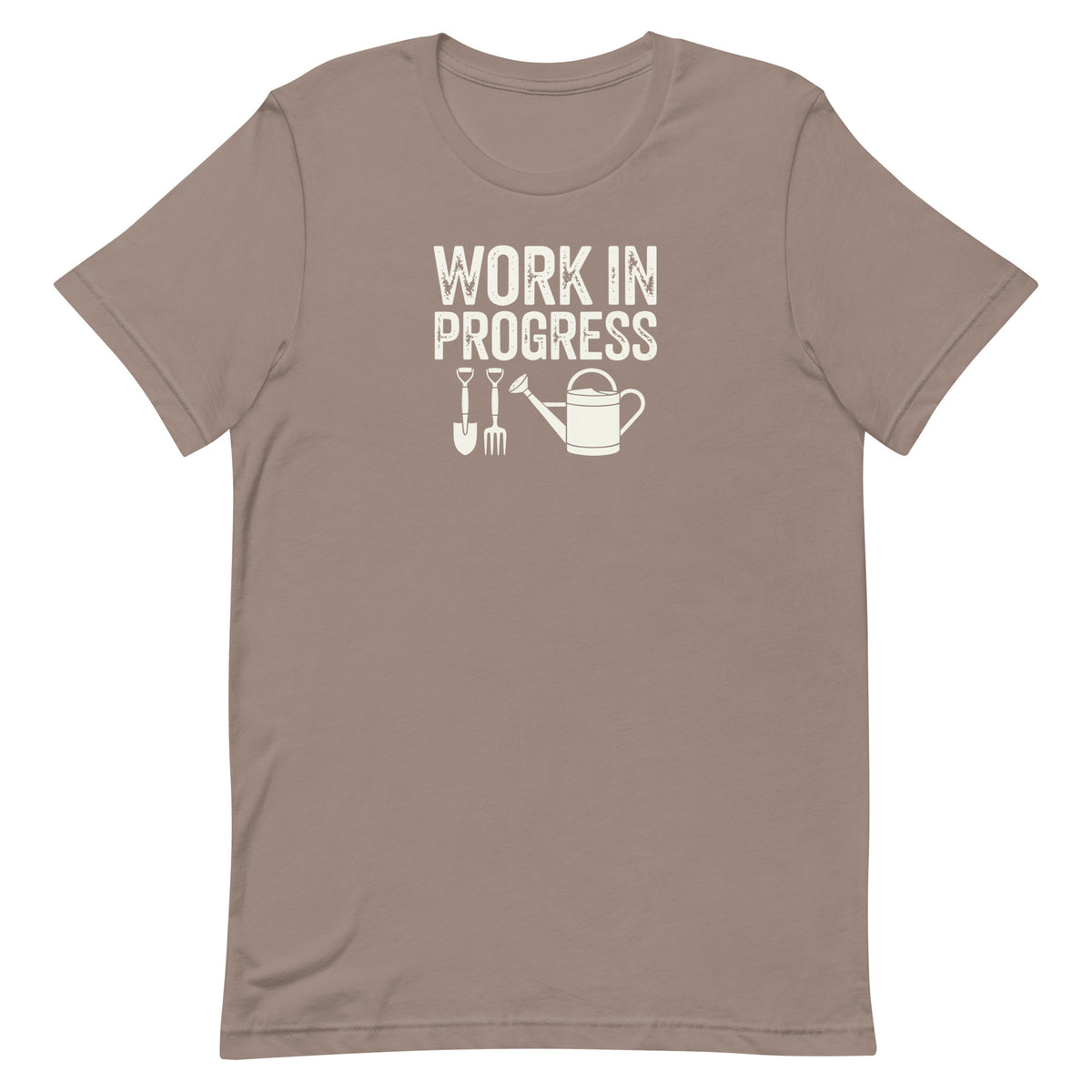 Garden Work in Progress distressed lettering with a shovel, pitchfork and watering can on a t-shirt in pebble, front view – Kate Spain design