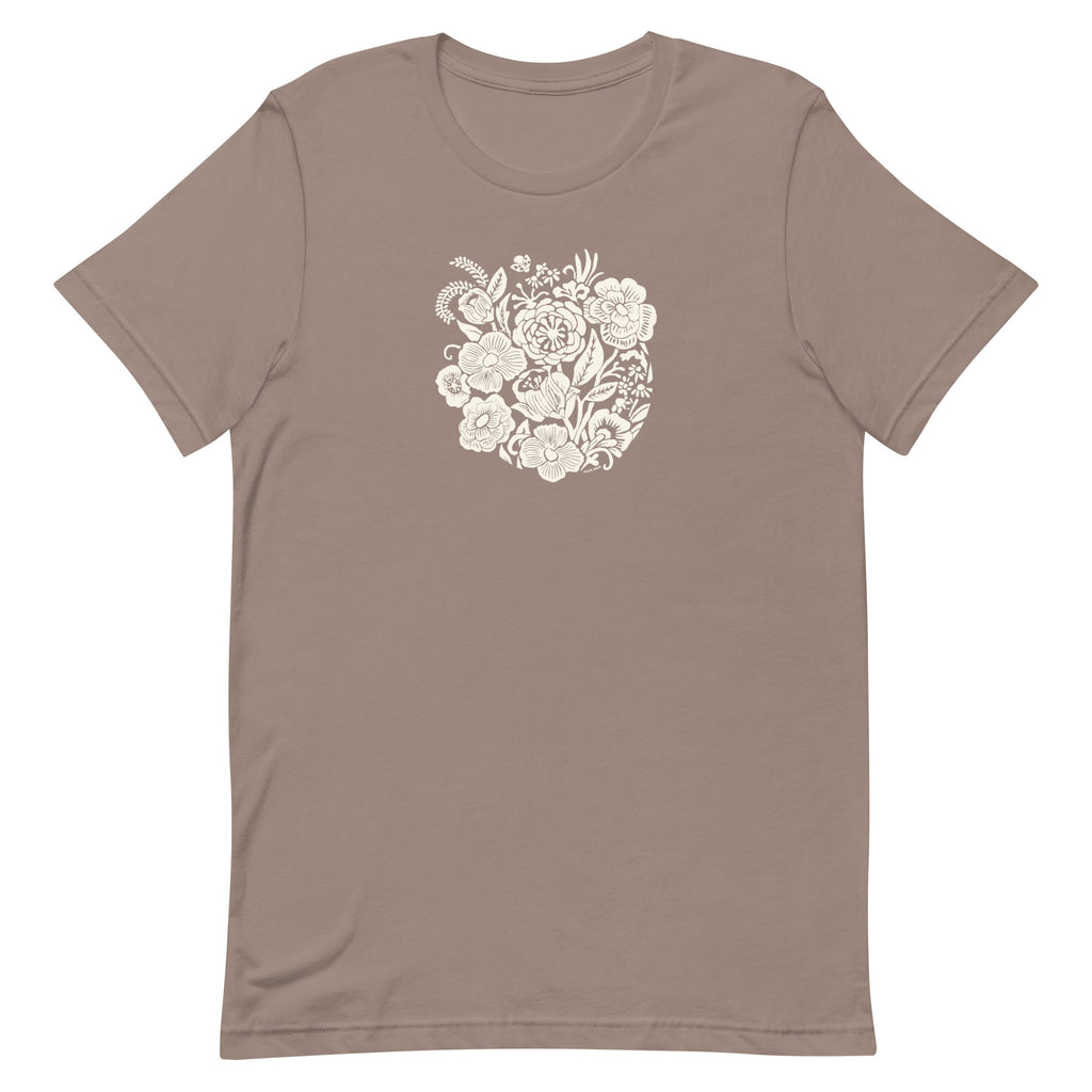 Meadowsweet woodblock-style bouquet of wildflowers on a t-shirt in pebble, front view – Kate Spain design