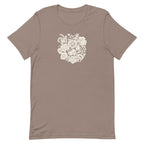 Meadowsweet woodblock-style bouquet of wildflowers on a t-shirt in pebble, front view – Kate Spain design