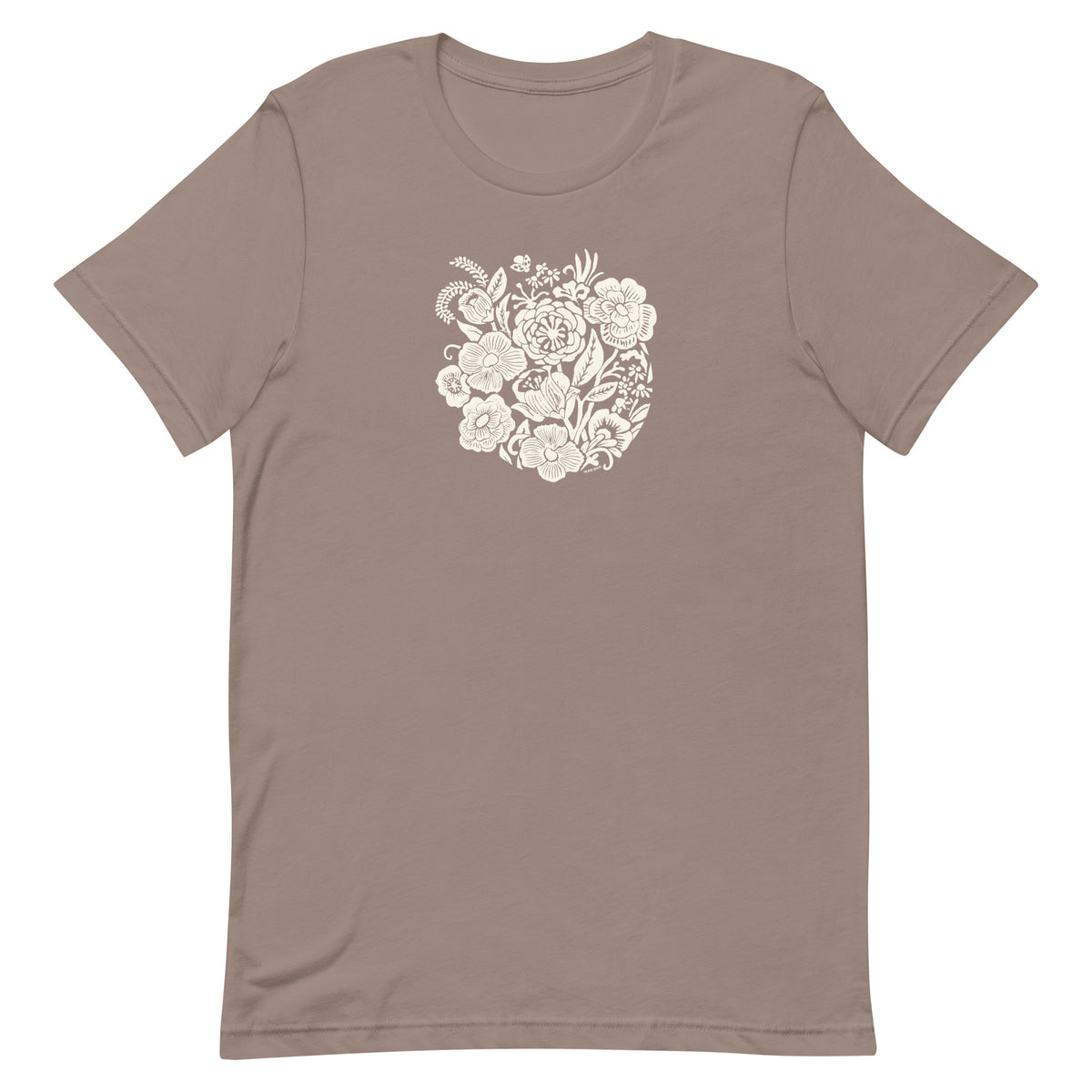 Meadowsweet woodblock-style bouquet of wildflowers on a t-shirt in pebble, front view – Kate Spain design