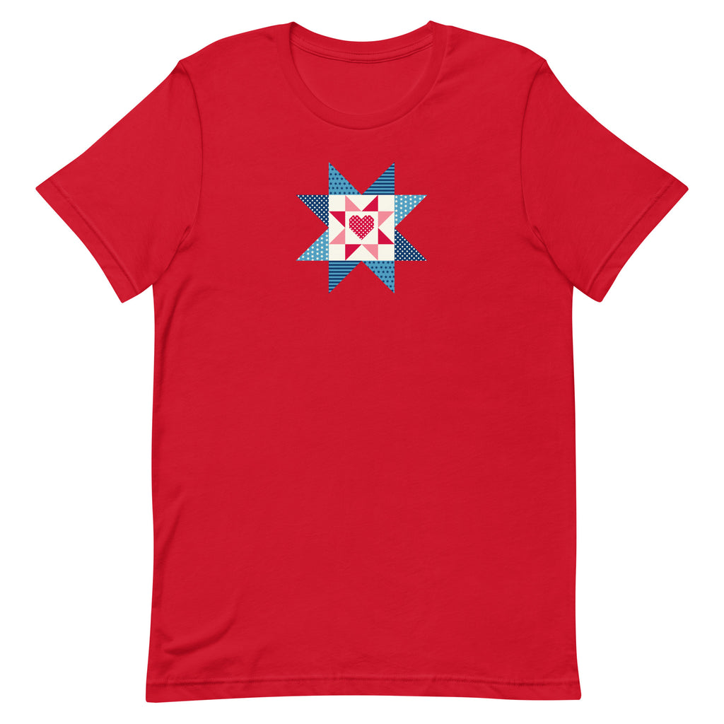 Liberty Love star quilt block with a heart in red, white and blue on a t-shirt in red, front view – Kate Spain design for Pat Sloan