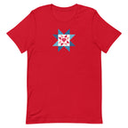 Liberty Love star quilt block with a heart in red, white and blue on a t-shirt in red, front view – Kate Spain design for Pat Sloan