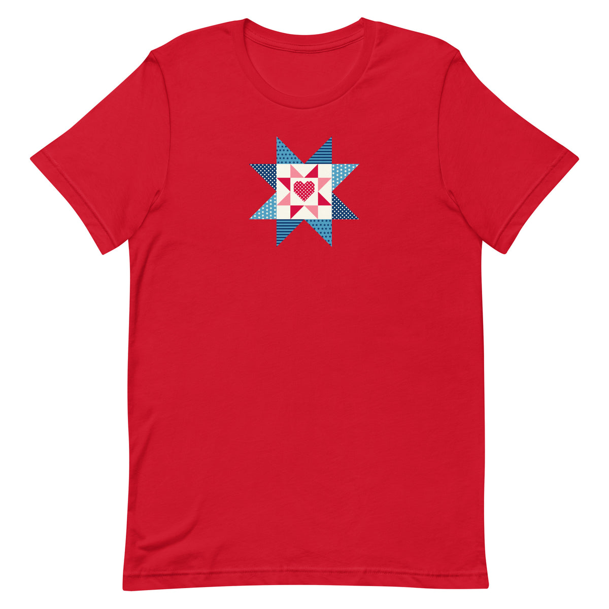 Liberty Love star quilt block with a heart in red, white and blue on a t-shirt in red, front view – Kate Spain design for Pat Sloan