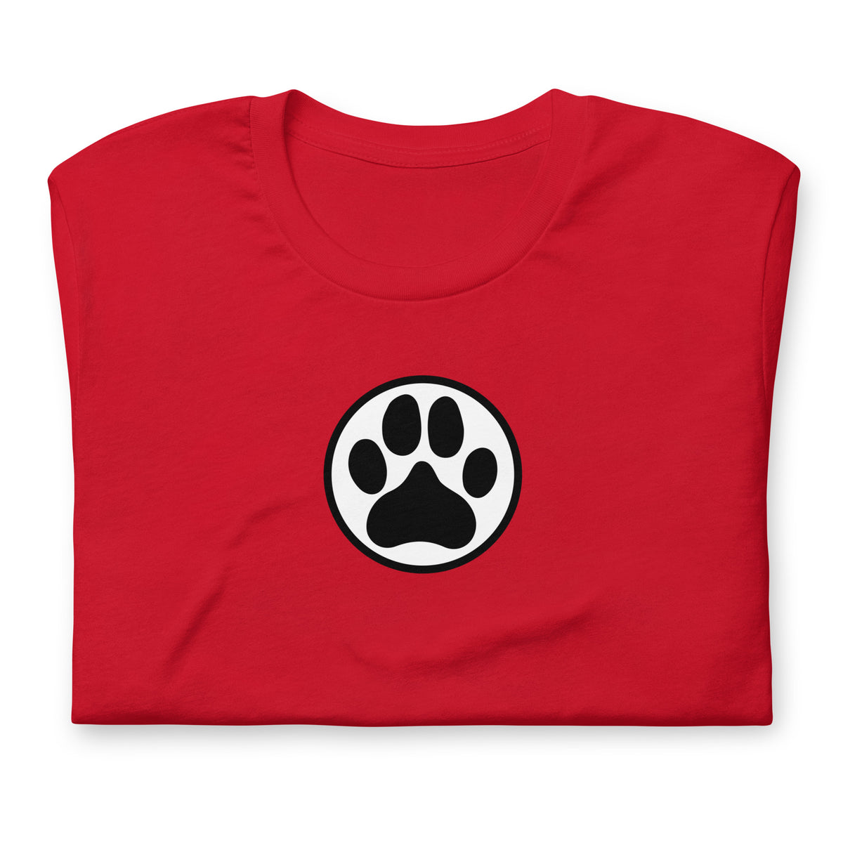 Law of the Paw® dog paw print on a t-shirt in red, folded close-up of the design – Kate Spain design