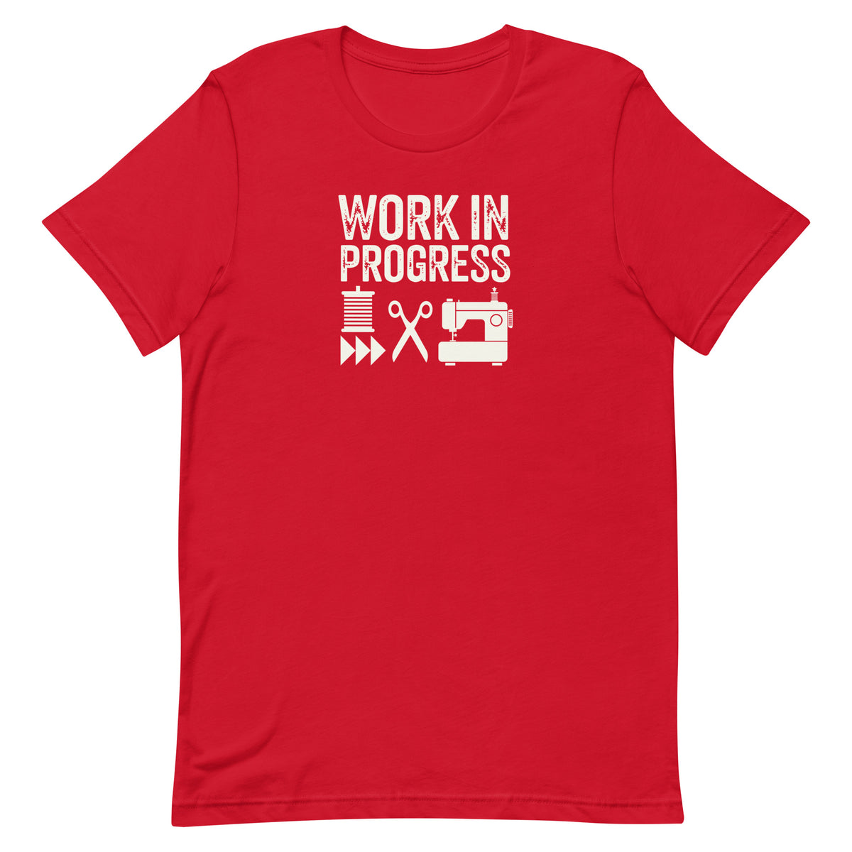 Work in Progress Mod distressed lettering with thread, scissors and sewing machine on a t-shirt in red, front view – Kate Spain design for Pat Sloan