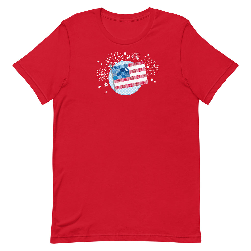 Patchwork Flag quilt-style flag with fireworks on a staple t-shirt in red, front view – Kate Spain design for Pat Sloan