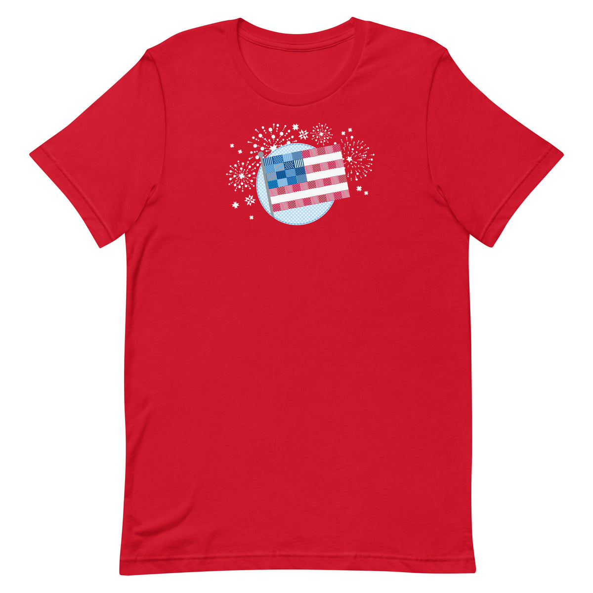 Patchwork Flag quilt-style flag with fireworks on a staple t-shirt in red, front view – Kate Spain design for Pat Sloan