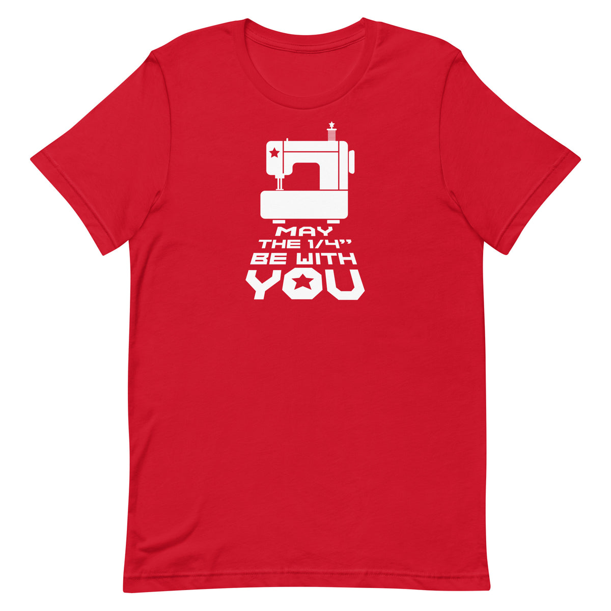 May the ¼" Be With You white sewing machine graphic on a staple t-shirt in red, front view – Kate Spain design for Pat Sloan