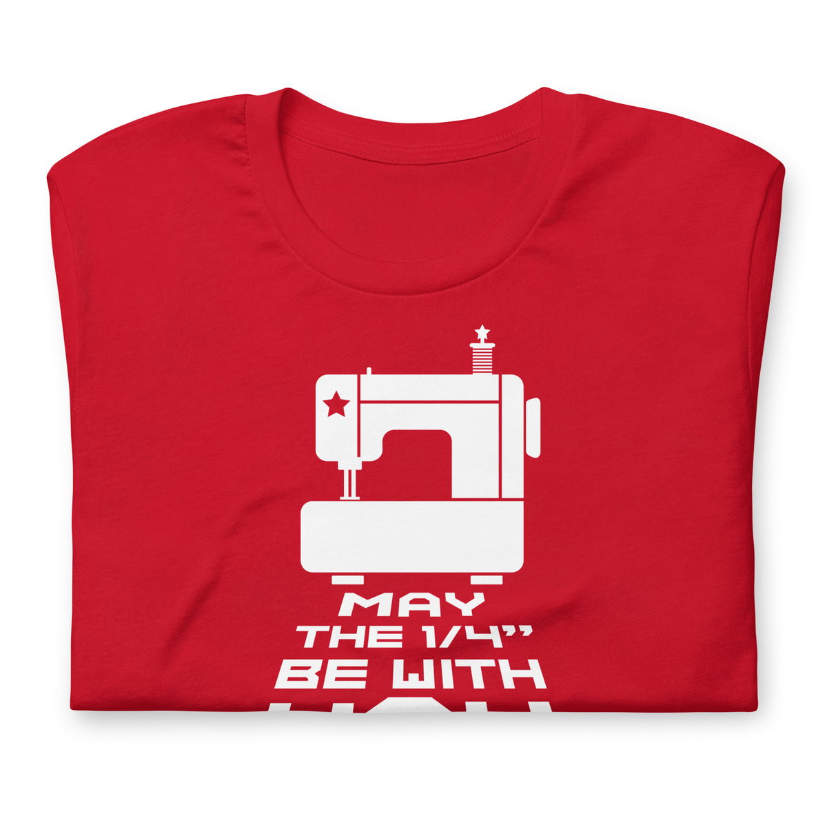 May the ¼" Be With You white sewing machine graphic on a staple t-shirt in red, folded close-up of the design – Kate Spain design for Pat Sloan