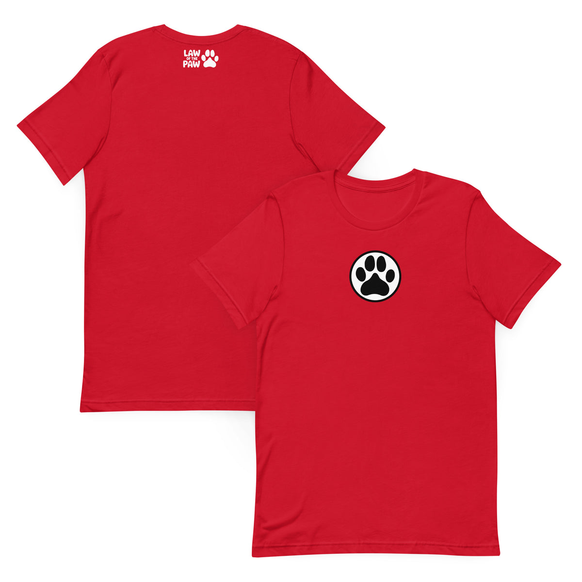 Law of the Paw® dog paw print on a t-shirt in red, front and back view – Kate Spain design