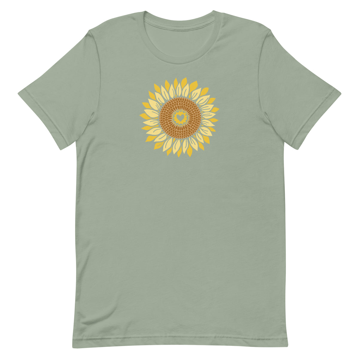 Golden sunflower with a heart center on a crewneck t-shirt in sage, front view – Sunflowers in My Heart by Kate Spain