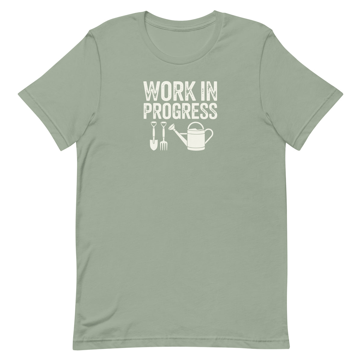 Garden Work in Progress distressed lettering with a shovel, pitchfork and watering can on a t-shirt in sage, front view – Kate Spain design