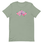 Pink GeoFlora hexagon flowers in pinks, mauves and sage on a t-shirt in sage, front view – Kate Spain design for Pat Sloan