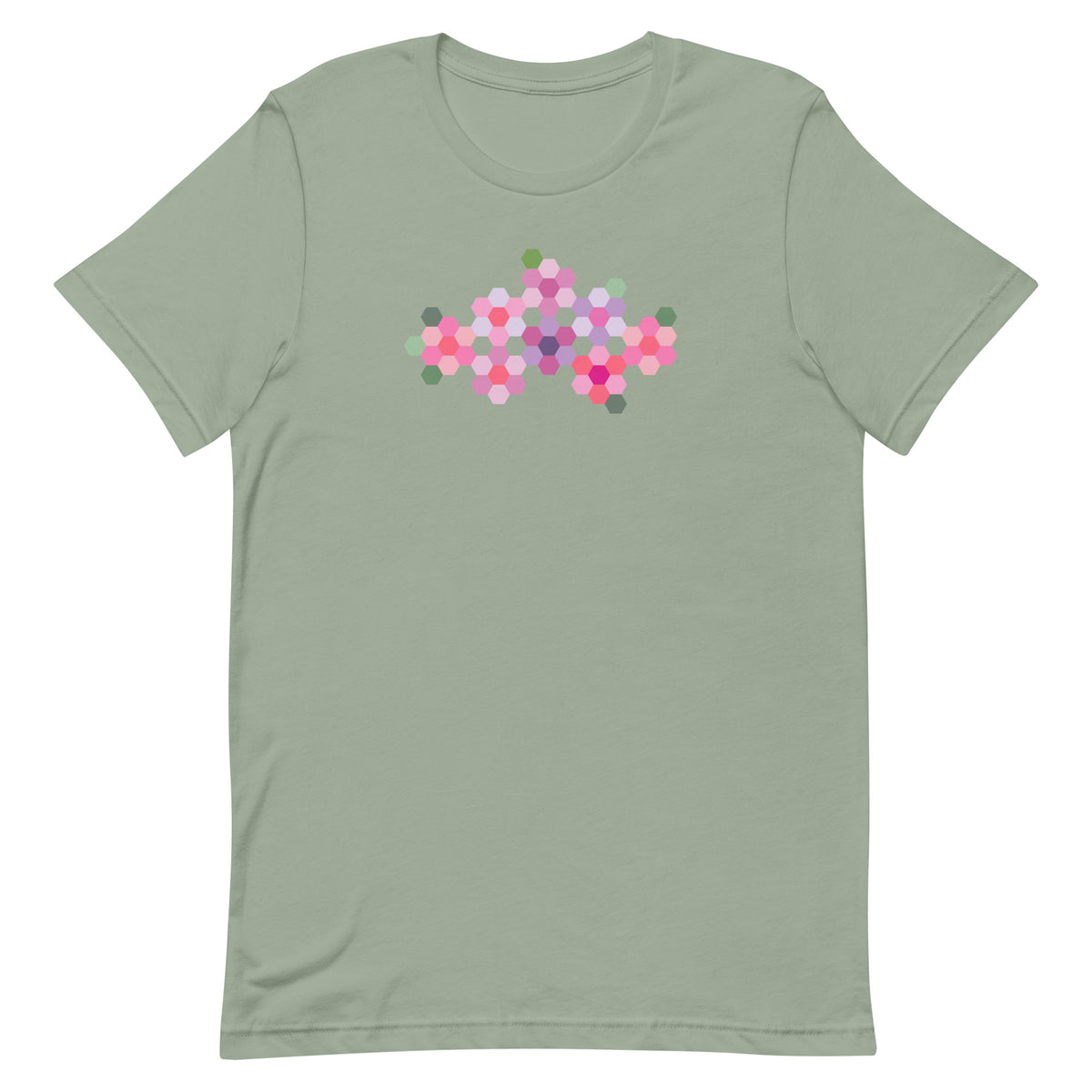 Pink GeoFlora hexagon flowers in pinks, mauves and sage on a t-shirt in sage, front view – Kate Spain design for Pat Sloan
