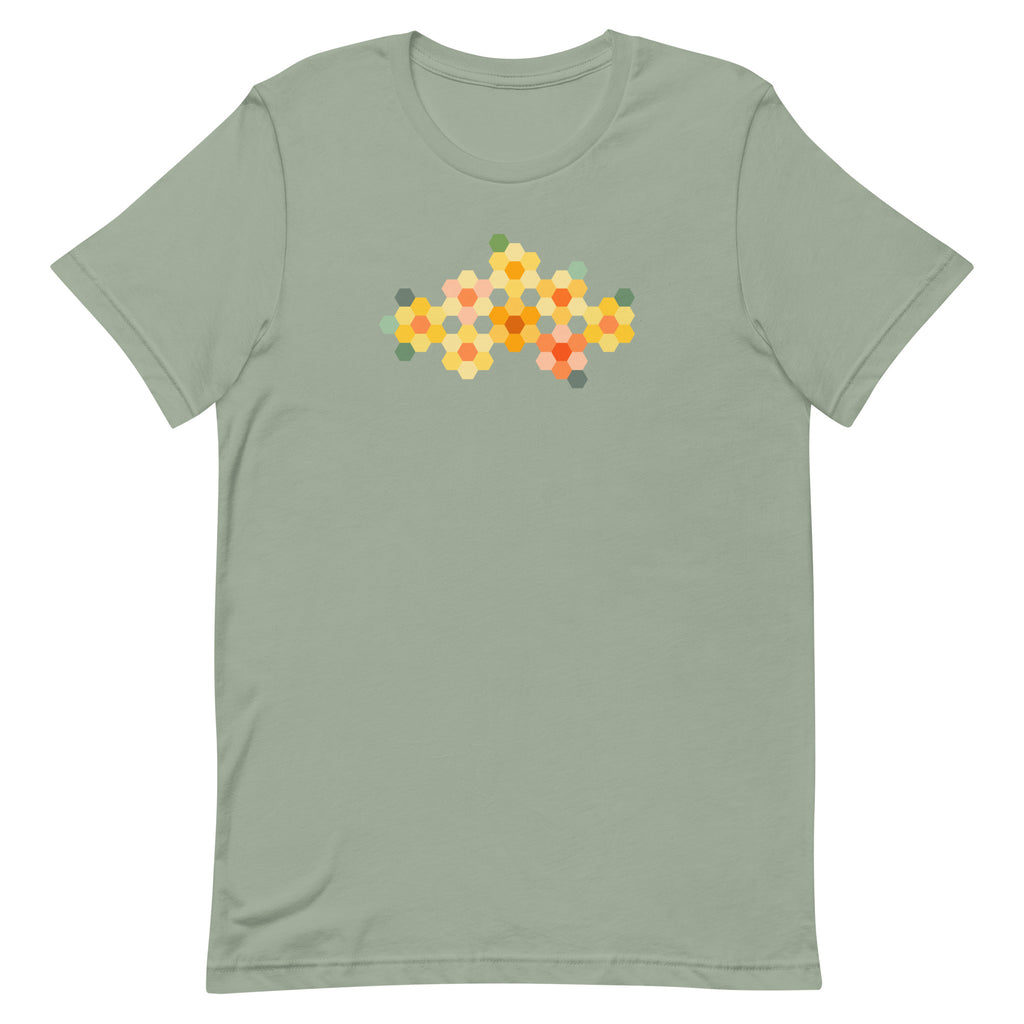 Yellow GeoFlora hexagon flowers in golden yellow, orange, coral and sage on a t-shirt in sage, front view – Kate Spain design for Pat Sloan