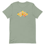 Yellow GeoFlora hexagon flowers in golden yellow, orange, coral and sage on a t-shirt in sage, front view – Kate Spain design for Pat Sloan