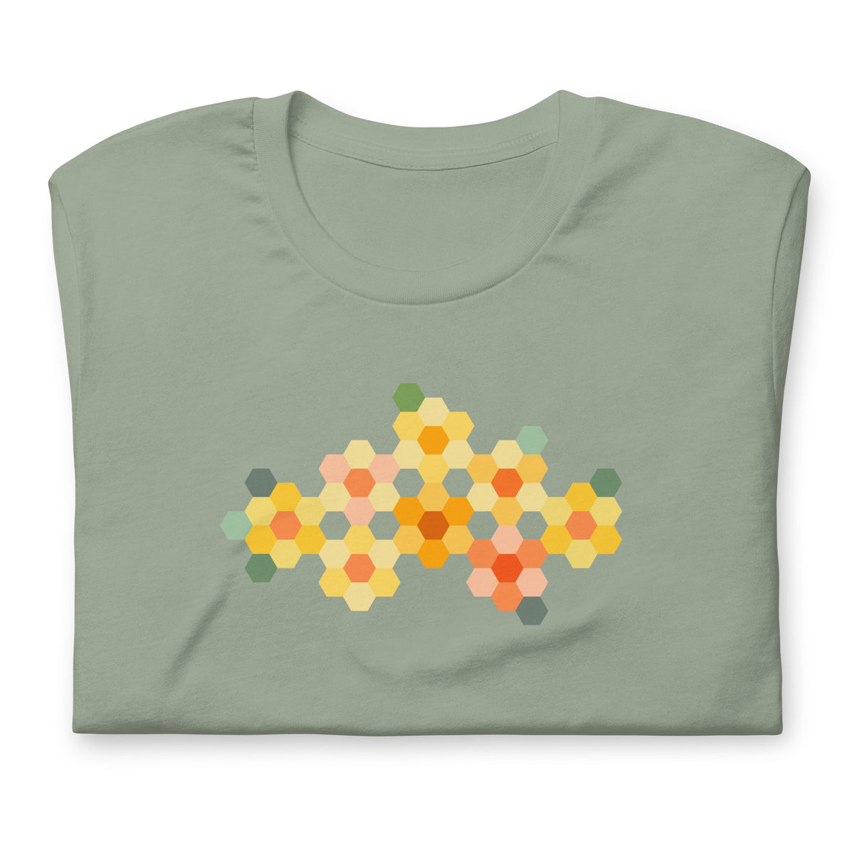 Yellow GeoFlora hexagon flowers in golden yellow, orange, coral and sage on a t-shirt in sage, folded close-up of the design – Kate Spain design for Pat Sloan