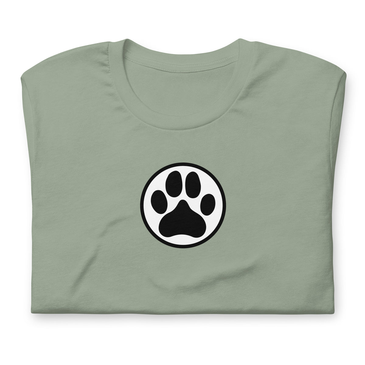 Law of the Paw® dog paw print on a t-shirt in sage, folded close-up of the design – Kate Spain design