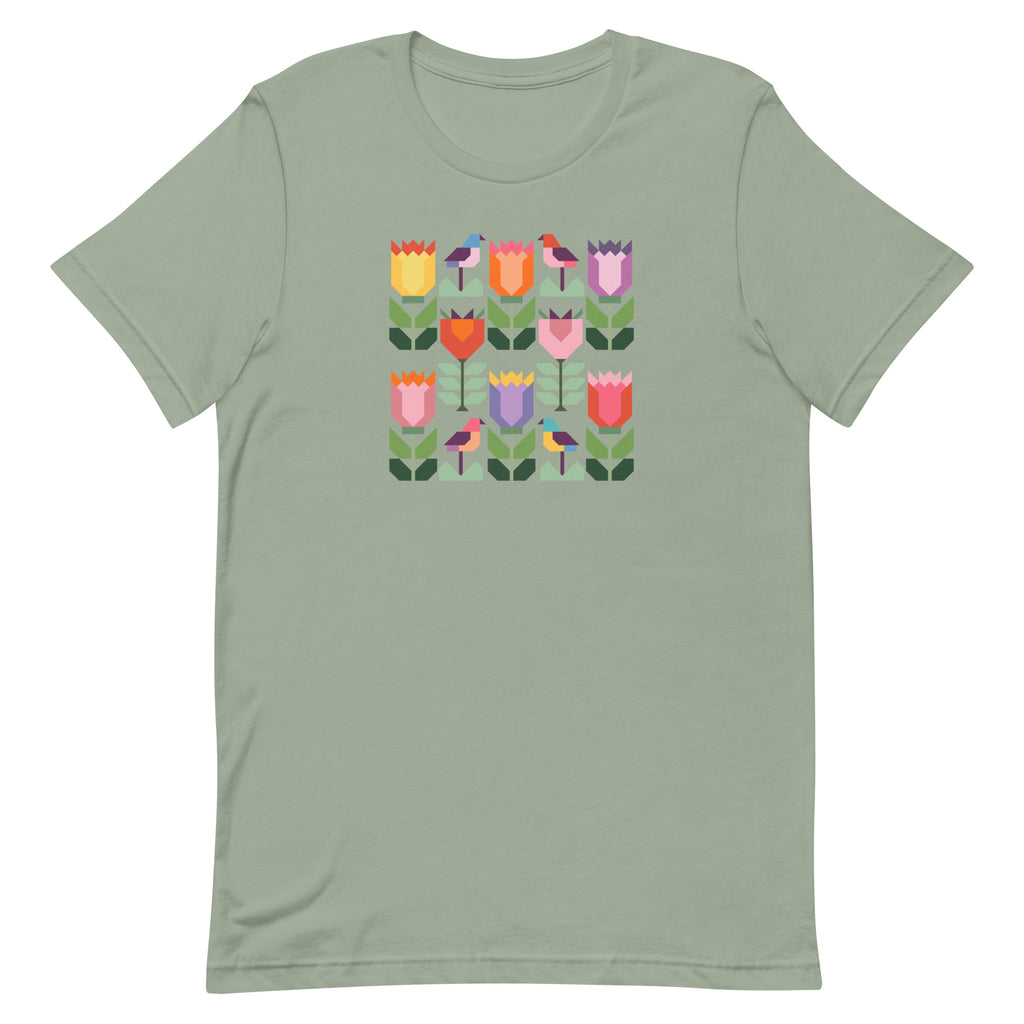 Birds + Blooms patchwork tulips and birds on a t-shirt in sage, front view – Kate Spain design for Pat Sloan