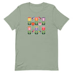 Birds + Blooms patchwork tulips and birds on a t-shirt in sage, front view – Kate Spain design for Pat Sloan