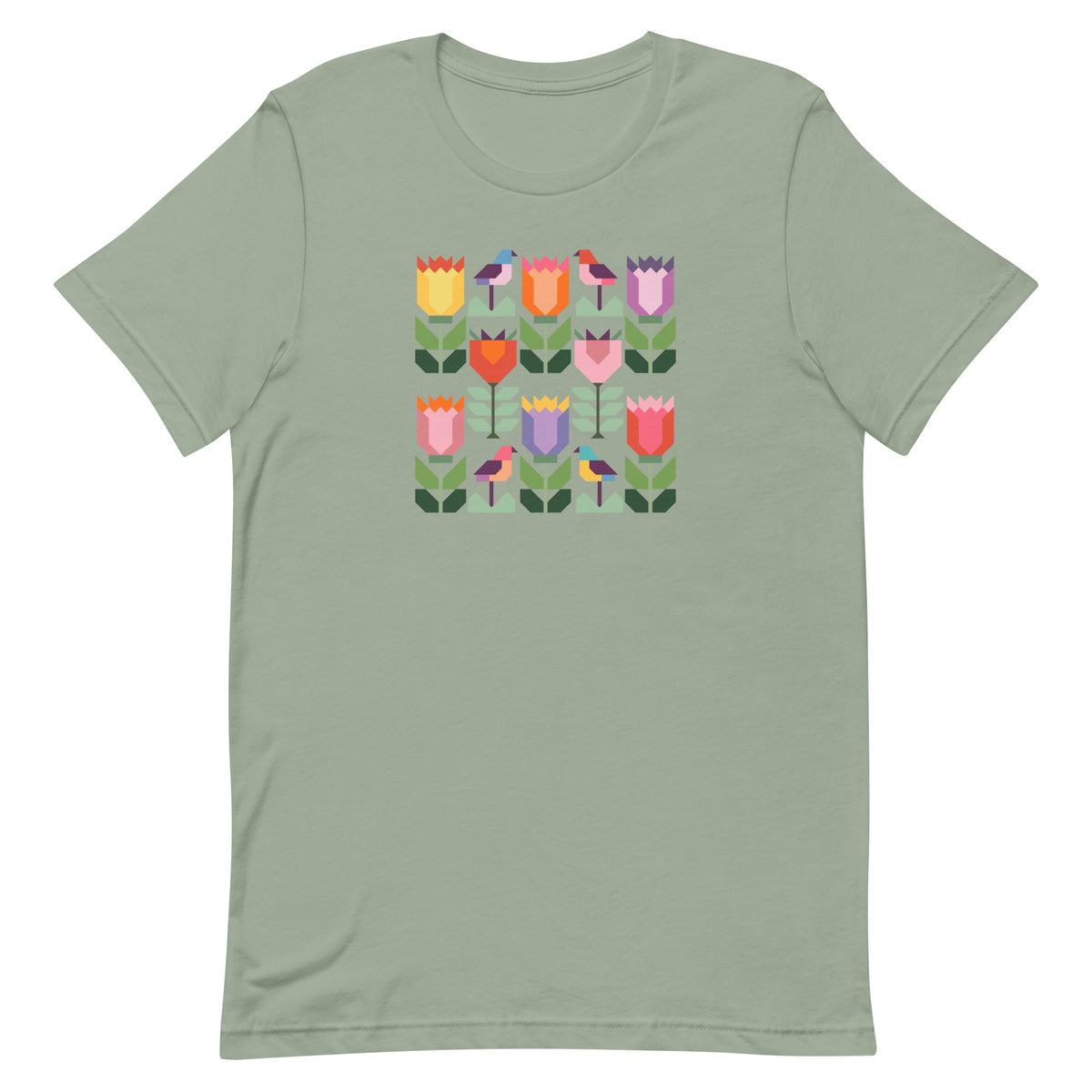 Birds + Blooms patchwork tulips and birds on a t-shirt in sage, front view – Kate Spain design for Pat Sloan