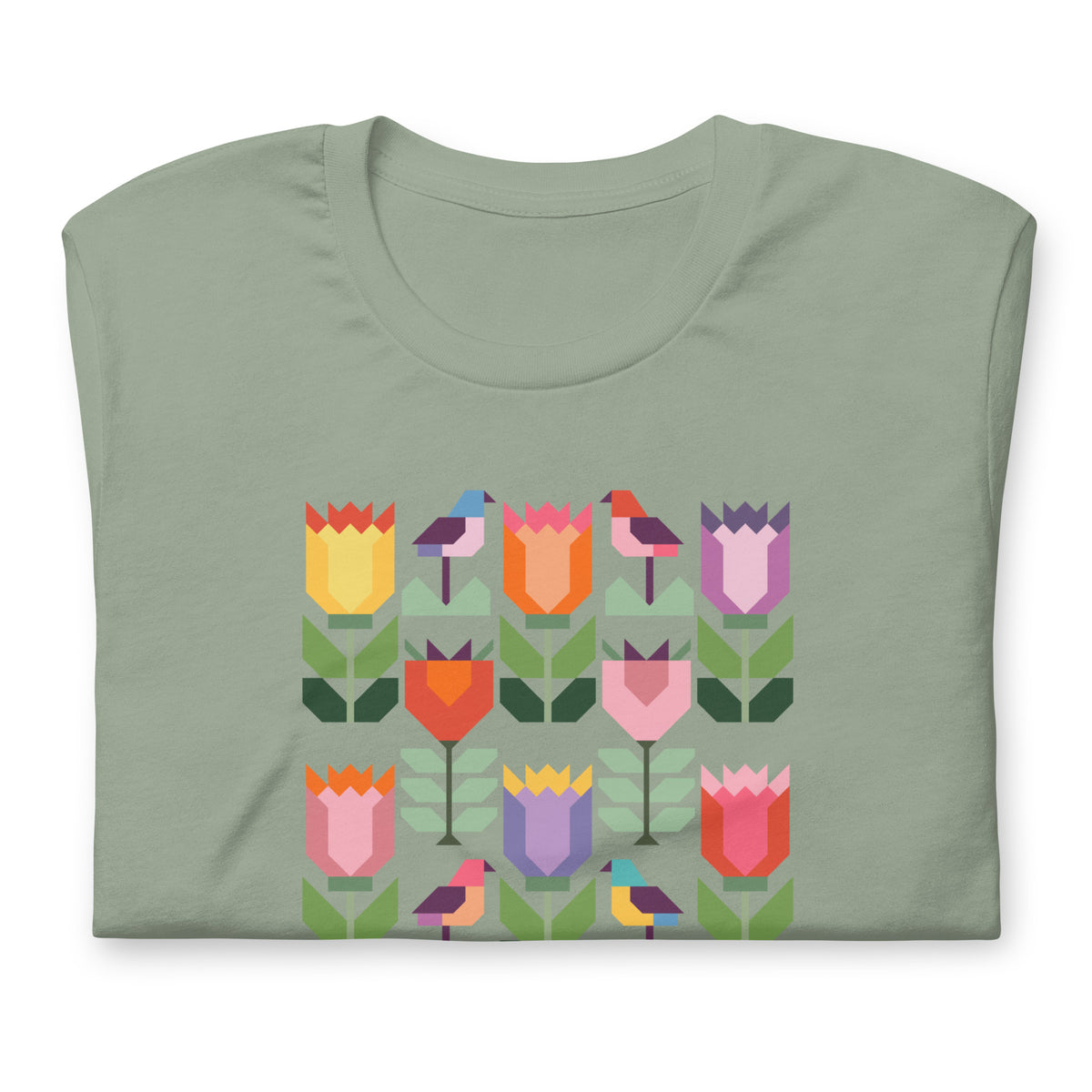 Birds + Blooms patchwork tulips and birds on a t-shirt in sage, folded close-up of the design – Kate Spain design for Pat Sloan