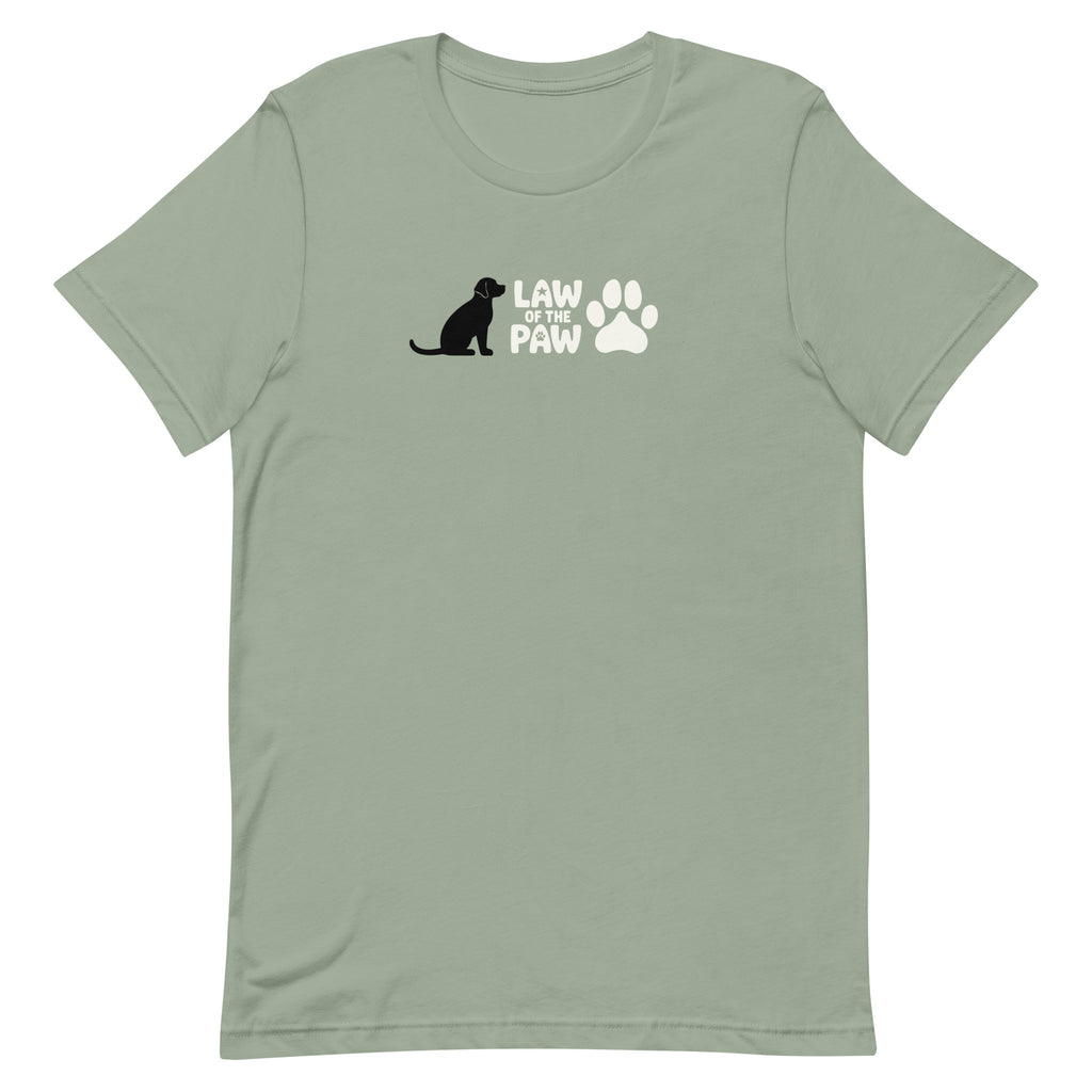 Law of the Paw® logo with seated dog and paw print on a t-shirt in sage, front view – Kate Spain design