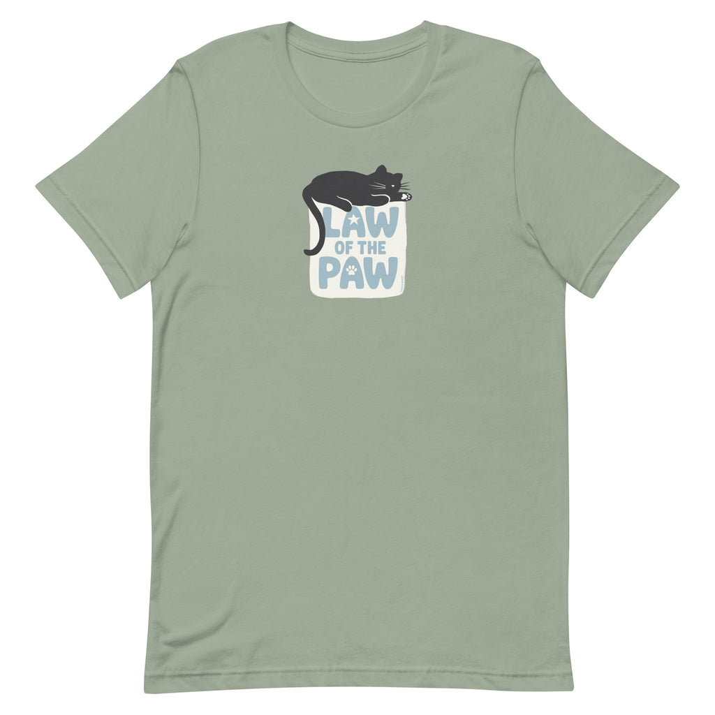 Law of the Paw® design with a cat napping on the logo on a t-shirt in sage, front view – Kate Spain design
