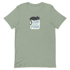 Law of the Paw® design with a cat napping on the logo on a t-shirt in sage, front view – Kate Spain design