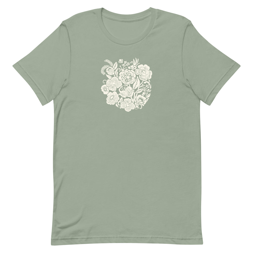 Meadowsweet woodblock-style bouquet of wildflowers on a t-shirt in sage, front view – Kate Spain design