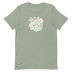 Meadowsweet woodblock-style bouquet of wildflowers on a t-shirt in sage, front view – Kate Spain design