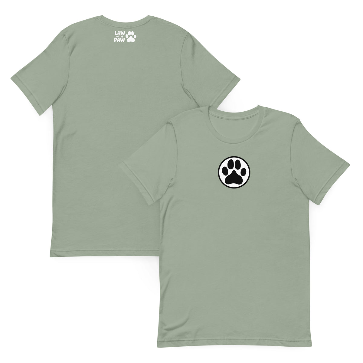 Law of the Paw® dog paw print on a t-shirt in sage, front and back view – Kate Spain design